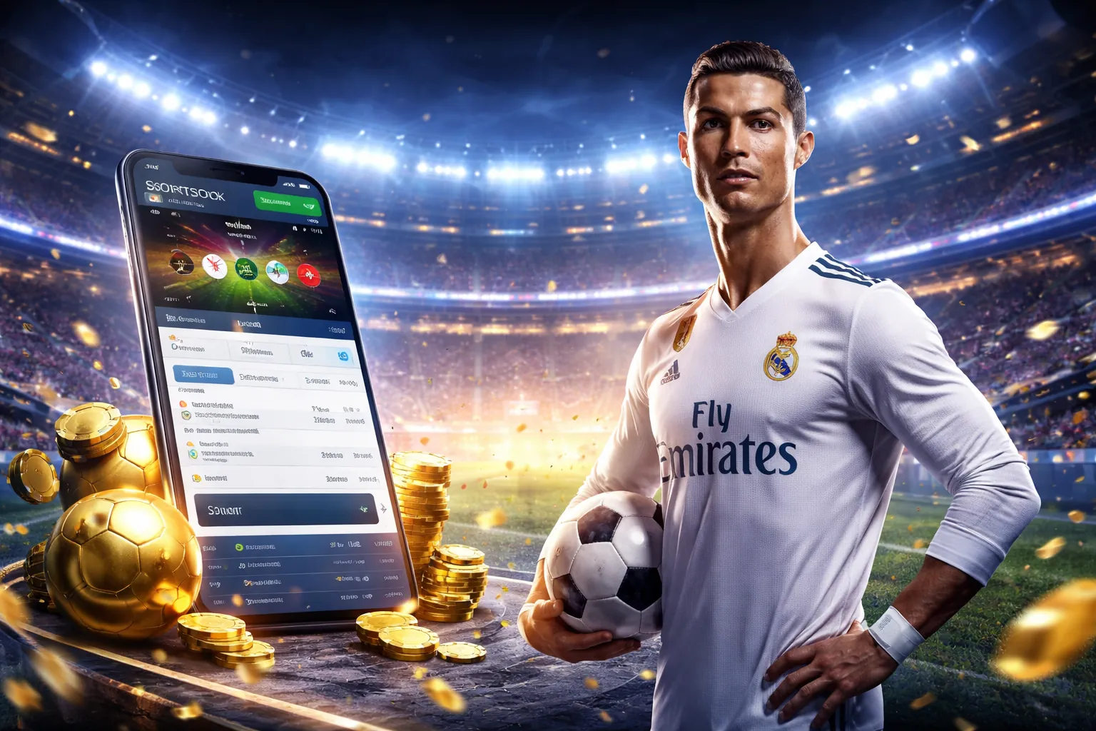 Sân vận động bóng đá với màn hình hiển thị tỷ lệ cược trực tiếp của ggbet app